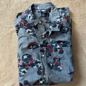 GAP Shirt Mens Large Blue Floral Untucked Fit Long Sleeve Button Front